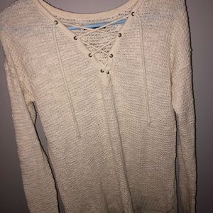 American Eagle White Lace Up Knit Swearer